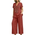 thumbnail image 1 of Womens 2 Piece Linen Suits Cute Summer Flowy Matching Suit Boho Flowy Embroidered Tops Wide Leg Pants Casual Sets, 1 of 6