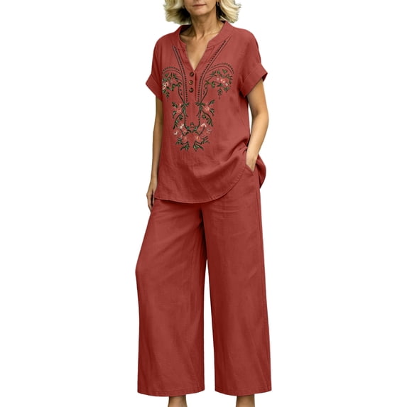 Womens 2 Piece Linen Suits Cute Summer Flowy Matching Suit Boho Flowy Embroidered Tops Wide Leg Pants Casual Sets