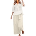 thumbnail image 1 of Womens 2 Piece Linen Suits Cute Summer Flowy Matching Suit Boho Flowy Embroidered Tops Wide Leg Pants Casual Sets, 1 of 6