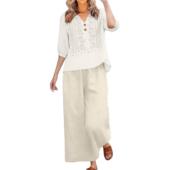 Womens 2 Piece Linen Suits Cute Summer Flowy Matching Suit Boho Flowy Embroidered Tops Wide Leg Pants Casual Sets