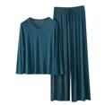 thumbnail image 1 of Womens 2 Piece Long Sleeves V Neck Long Sleeve Wide Leg Pants Home Wear Solid Color Pajama Sets, 1 of 3