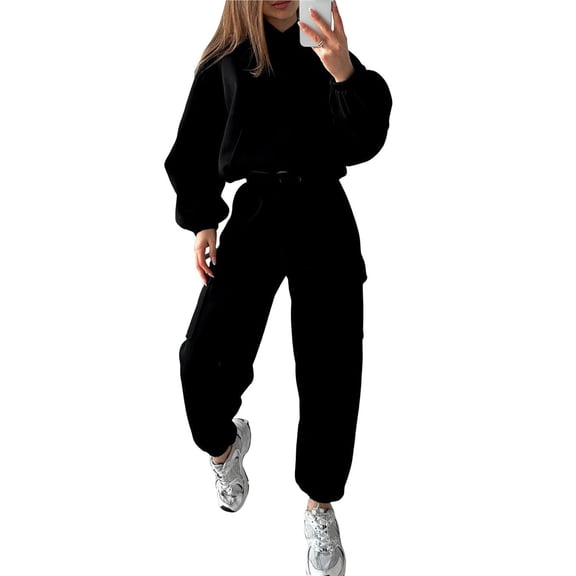 Womens 2 Piece Lounge Hoodies and Cargo Pants Sets Fall Fashion Clothes Airport Travel Pants Tracksuits Black XL