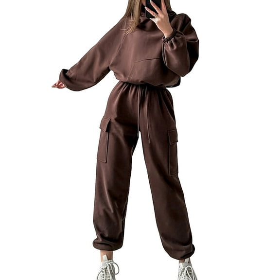 Womens 2 Piece Lounge Hoodies and Cargo Pants Sets Fall Fashion Clothes Airport Travel Pants Tracksuits Brown M