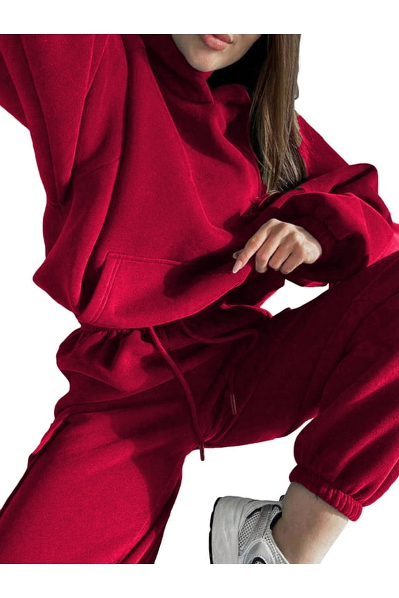 Womens 2 Piece Lounge Hoodies and Cargo Pants Sets Fall Fashion Clothes Airport Travel Pants Tracksuits Red S