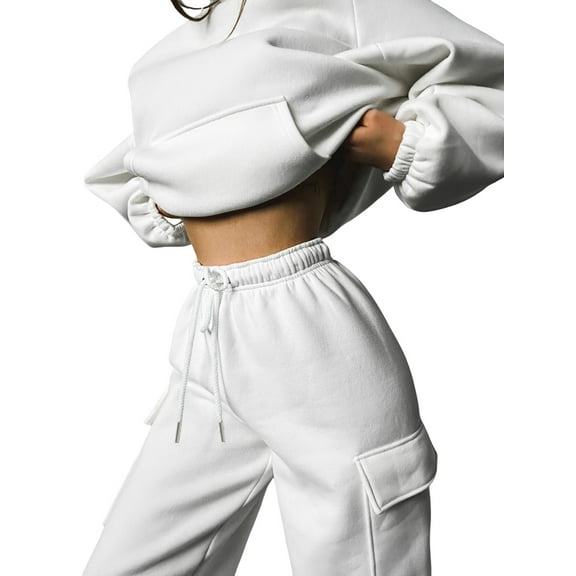 Womens 2 Piece Lounge Hoodies and Cargo Pants Sets Fall Fashion Clothes Airport Travel Pants Tracksuits White M