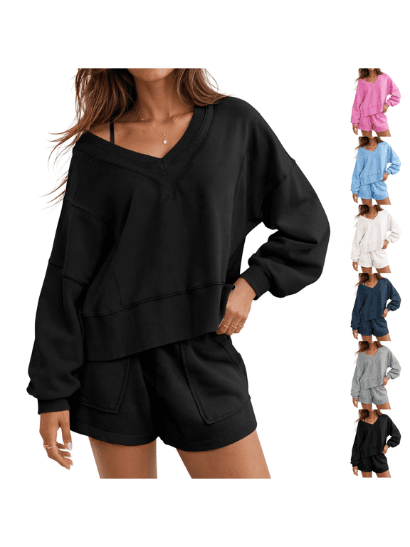 Womens 2 Piece Lounge Matching Set Sweatshirts Shorts Sets Sweatsuit V Neck Long Sleeve Ribbed Hem Pockets Comfy Tracksuit Lounge Travel Vacation Yellow S