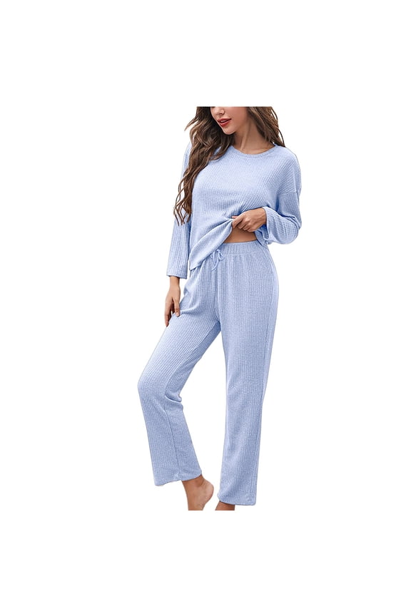 Womens 2 Piece Lounge Outfits Casual Long Sleeve Crewneck Top and High Waist Pants Sets Tracksuit Pajamas Sleepwear Ladies Clothes