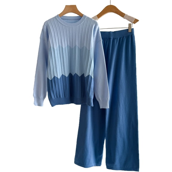 Womens 2 Piece Lounge Outfits Loose Colorblock Fashion Casual Knitted Sweater & Wide Leg Pant Sets Travel Clothes (Free Size, Blue)