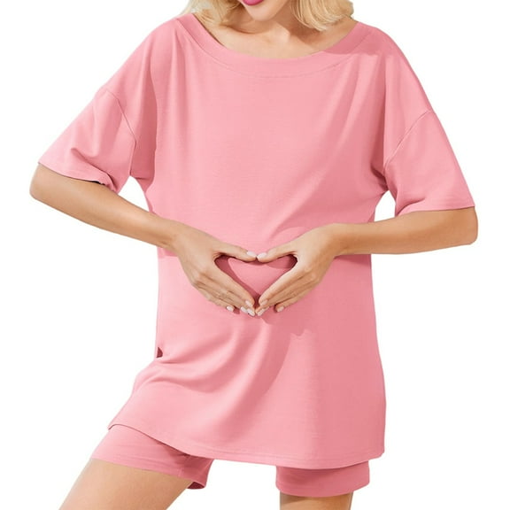 Womens 2 Piece Lounge Set 2025 Summer Outfits Oversized V Neck Tshirts Biker Short Comfy Airport Loungewear Pink S