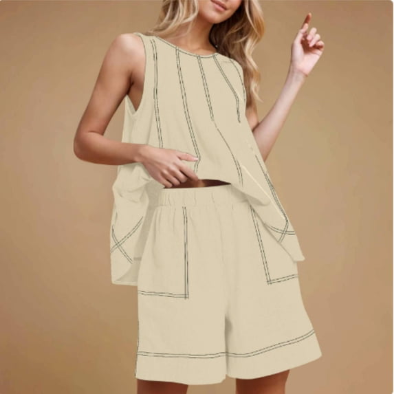 Womens 2 Piece Lounge Set Casual Summer Outfits Sleeveless Tank Top and Elastic Waist Shorts with Pockets