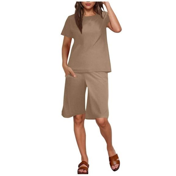 Womens 2 Piece Lounge Set Cotton Linen Casual Short Sleeve Pullover Tops and Wide Leg Running Shorts Soft Summer Tracksuit Sets Matching Suit Loungewear Pajama Sets Sweatsuit