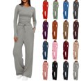 thumbnail image 1 of Womens 2 Piece Lounge Set Long Sleeve Crewneck Top Drawstring Elastic Waist Wide Leg Pants Solid Gym Workout Sets Comfy Soft Loungewear with Pockets, 1 of 9