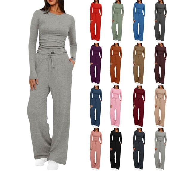Womens 2 Piece Lounge Set Long Sleeve Crewneck Top Drawstring Elastic Waist Wide Leg Pants Solid Gym Workout Sets Comfy Soft Loungewear with Pockets