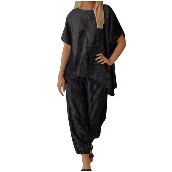 Womens 2 Piece Lounge Set Plus Size Solid Color Short Sleeve Tops Pant Loungewear Sets Casual Loose Sweatsuit (Black 3XL)