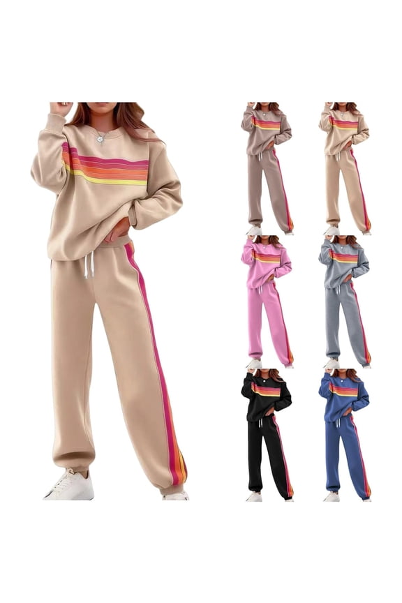 Womens 2 Piece Lounge Set Rainbow Striped Outfits Long Sleeve Crew Neck Sweatshirt And Wide Leg Sweatpants Sweatsuits