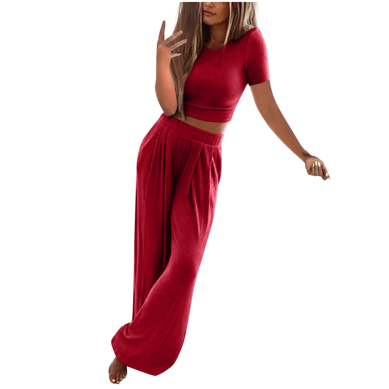 Womens 2 Piece Lounge Set Short Sleeve Bodycon Ribbed Knit Crop Top Loose  Wide Leg Pants Casual Outfits Sweatsuit 
