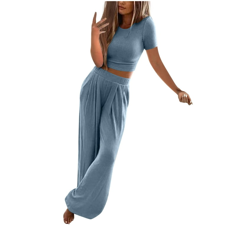 Womens 2 Piece Lounge Set Short Sleeve Bodycon Ribbed Knit Crop Top Loose  Wide Leg Pants Casual Outfits Sweatsuit