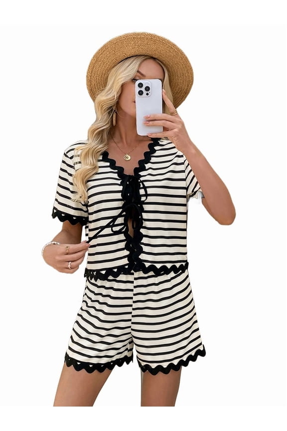 Womens 2 Piece Lounge Set Striped Outfits Short Sleeve Tops and Shorts Summer Matching Sets Beige L
