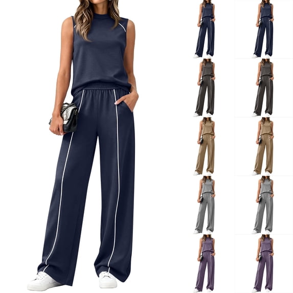Womens 2 Piece Lounge Set Summer Travel Outfit Sweatsuit Mock Neck Tank Top Wide Leg Pants with Pockets Casual Activewear Purple S