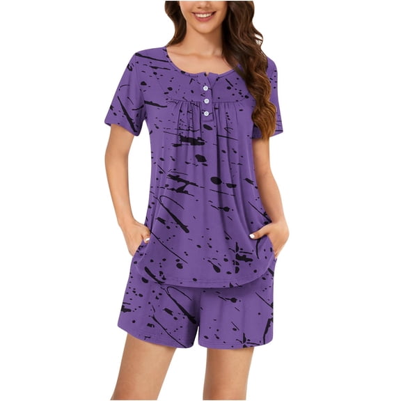 Womens 2 Piece Lounge Set Thin Short Sleeve Tops and Shorts Fashion Summer Pleated Print Loungewear Outfits (Purple S)