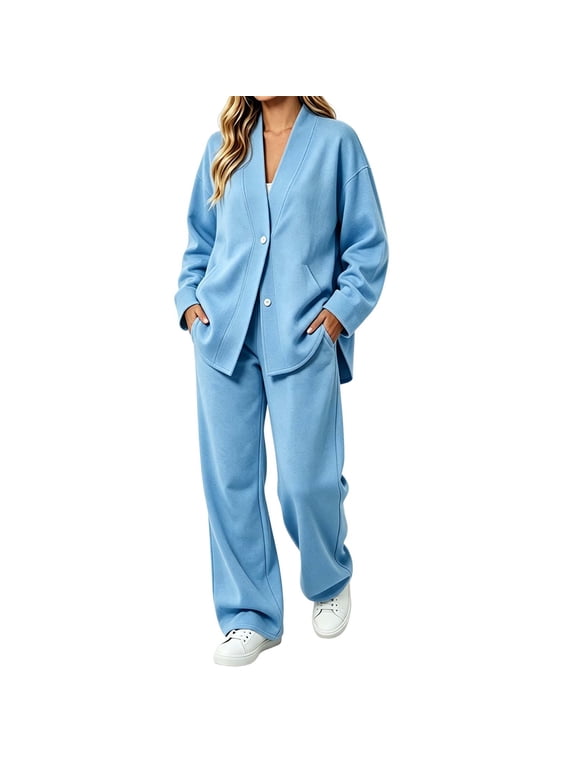 Womens 2 Piece Lounge Set V Neck Button Loose Cardigan Jacket Casual Wide Leg Straight Pants Airport Plus Size Travel Outfits with Pockets