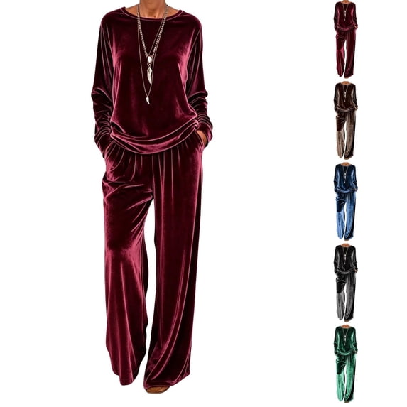 Womens 2 Piece Lounge Set Velvet Crewneck Long Sleeve Tops and Baggy Wide Leg Velour Sweatpants with Pockets
