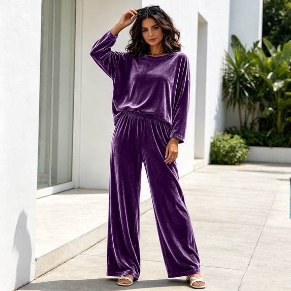 Womens 2 Piece Lounge Set Velvet Crewneck Long Sleeve Velour Tracksuit