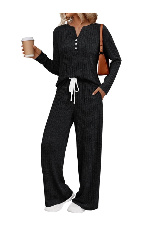 Womens 2 Piece Lounge Sets Fall Henley Neck Sweater Matching Sweat Suits Comfy Pajamas Clothes Pockets Black XS