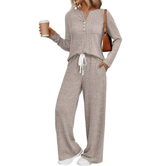 Womens 2 Piece Lounge Sets Fall Henley Neck Sweater Matching Sweat Suits Comfy Pajamas Clothes Pockets Camel L