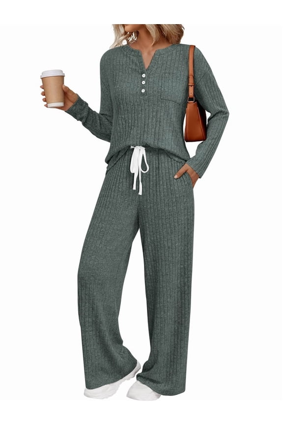 Womens 2 Piece Lounge Sets Fall Henley Neck Sweater Matching Sweat Suits Comfy Pajamas Clothes Pockets Green XS