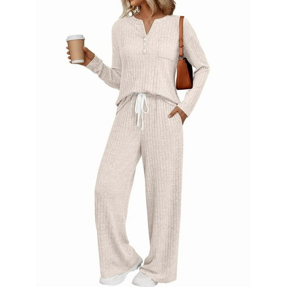 Womens 2 Piece Lounge Sets Fall Henley Neck Sweater Matching Sweat Suits Comfy Pajamas Clothes Pockets L