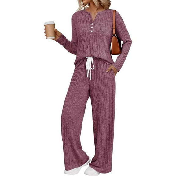Womens 2 Piece Lounge Sets Fall Henley Neck Sweater Matching Sweat Suits Comfy Pajamas Clothes Pockets Wine Red XS
