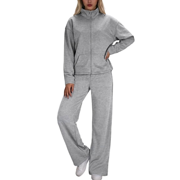 Womens 2 Piece Lounge Sets Full Zip Up Sweatsuit Wide Leg Tracksuit Workout Outfits Fashion Travel Outfits with Pockets (M, Gray)