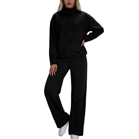 Womens 2 Piece Lounge Sets Full Zip Up Sweatsuit Wide Leg Tracksuit Workout Outfits Fashion Travel Outfits with Pockets (XL, Black)