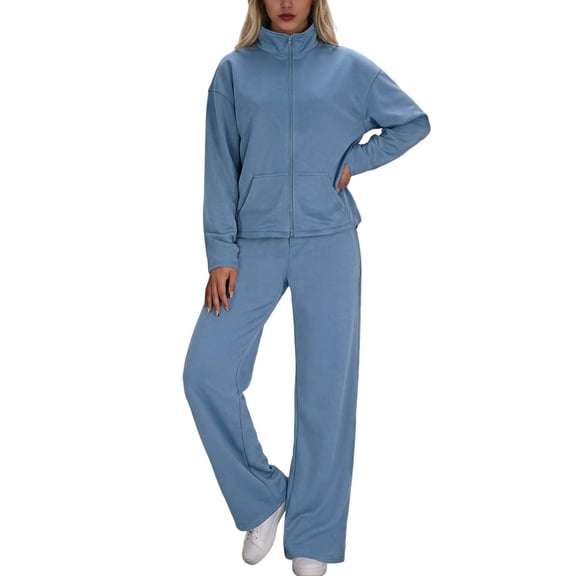 Womens 2 Piece Lounge Sets Full Zip Up Sweatsuit Wide Leg Tracksuit Workout Outfits Fashion Travel Outfits with Pockets (XL, Blue)