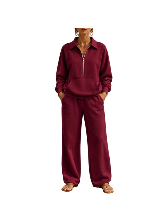 Womens 2 Piece Lounge Sets Half Zip Sweatshirt Wide Leg Sweatpants Casual Outfits with Pockets Tracksuits