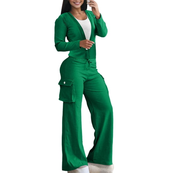 Womens 2 Piece Lounge Sets Outfit Long Sleeve Button Down Cardigan and Loose Wide Leg Cargo Pants with Pockets Tracksuit Set