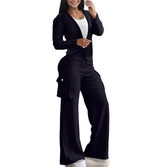 Womens 2 Piece Lounge Sets Outfit Long Sleeve Button Down Cardigan and Loose Wide Leg Cargo Pants with Pockets Tracksuit Set