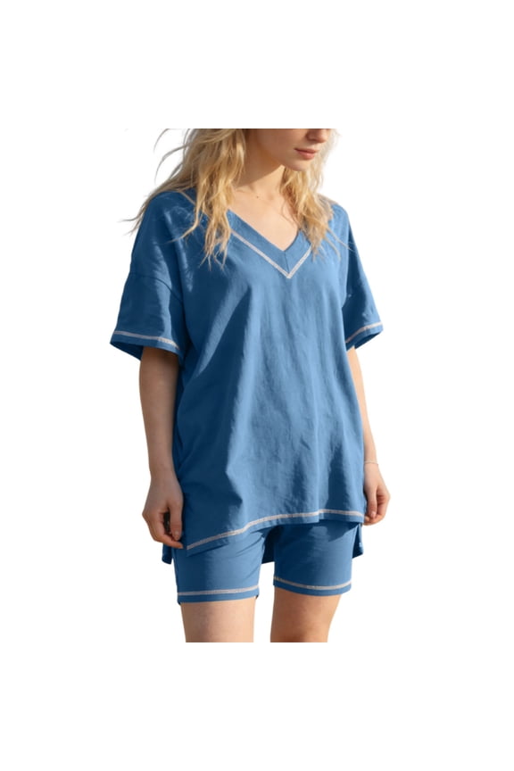 Womens 2 Piece Lounge Sets Oversized V Neck T-Shirts Tops Biker Shorts Set Workout Reversible Tracksuit