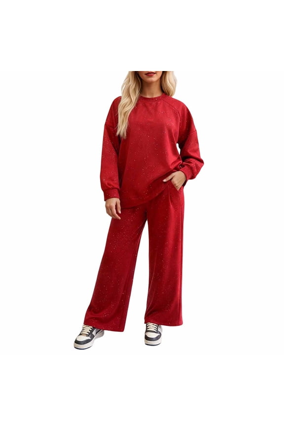 Womens 2 Piece Lounge Sets Solid Color Sequins Sparkly Sweatshirt Wide Leg Trousers Tracksuit Jogger Pants for Party