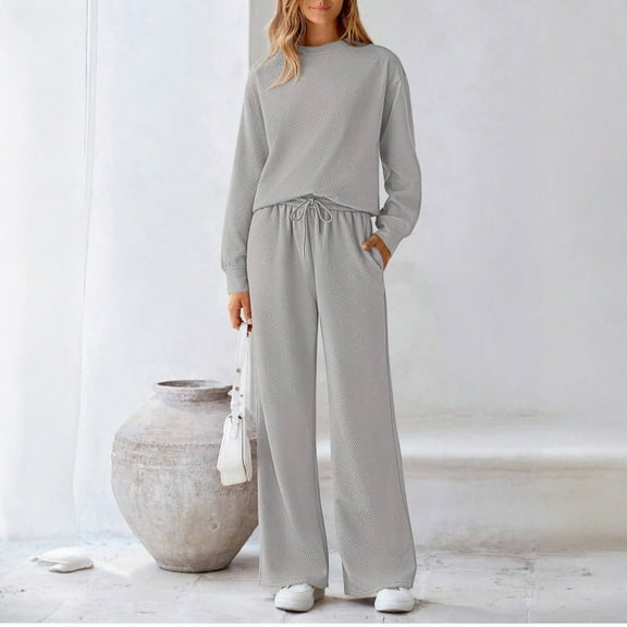 Womens 2 Piece Lounge Sets Wide Leg Tracksuit Casual Sweatsuits Matching Set 2025 Fall Clothes Trendy Outfits Light Gray 2XL