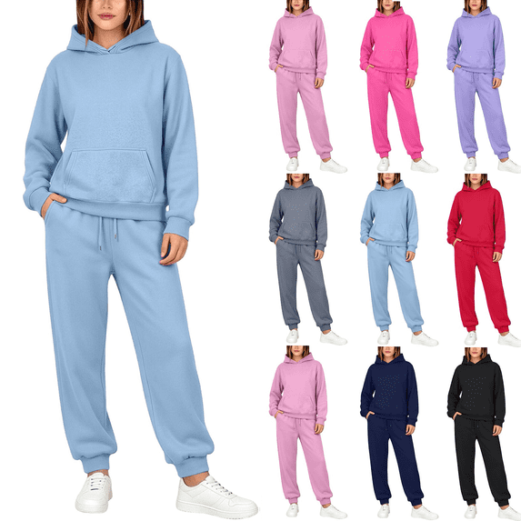 Womens 2 Piece Lounge Sweatsuit Oversized Fall Hoodies Matching Cuffed Sweatpants Solid Color Tracksuit Sets