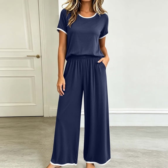 Womens 2 Piece Loungewear Pajama Sets, Crew Neck Short Sleeve Tee High Waist Wide Leg Flowy Pants Lightweight Sleepwear Outfit Navy XXL