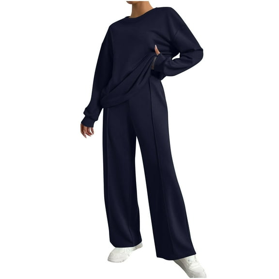 Womens 2 Piece Loungewear Set Crewneck Long Sleeve Top and Wide Leg Pant Casual Sweatsuits Navy L