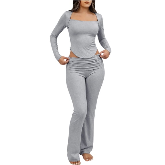 Womens 2 Piece Loungewear Set Long Sleeve Crop Tops High Waist Pants Slimming Spring Fall Casual Outfits Gray, M