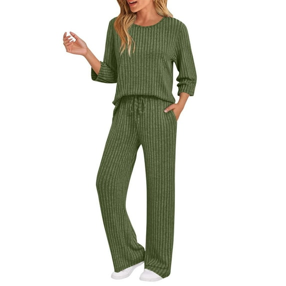 Womens 2 Piece Loungewear Sets Fall Sweat Outfits 3/4 Sleeve Crewneck Sweater Tunic Tops Wide Leg Pants Soft Comfortable Pajamas Sweatsuit Green XXL