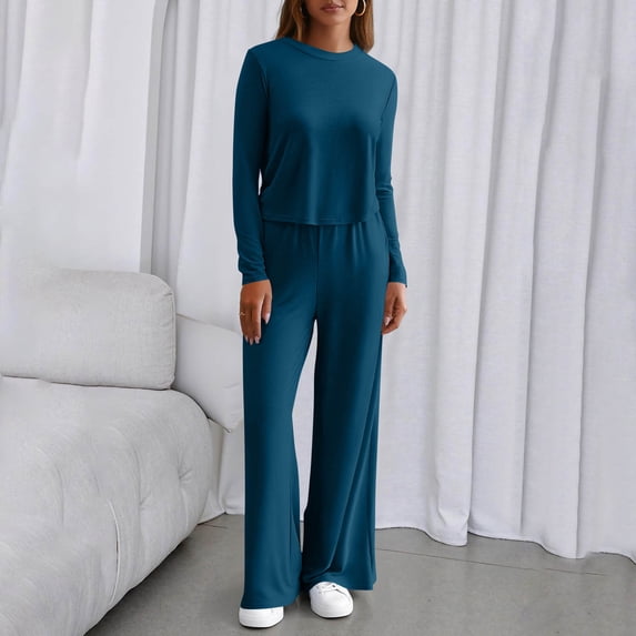 Womens 2 Piece Loungewear Sets Long Sleeve Tops Wide Leg Pant Sets Tracksuit Solid Color Stretchy Casual Outfits Navy XL