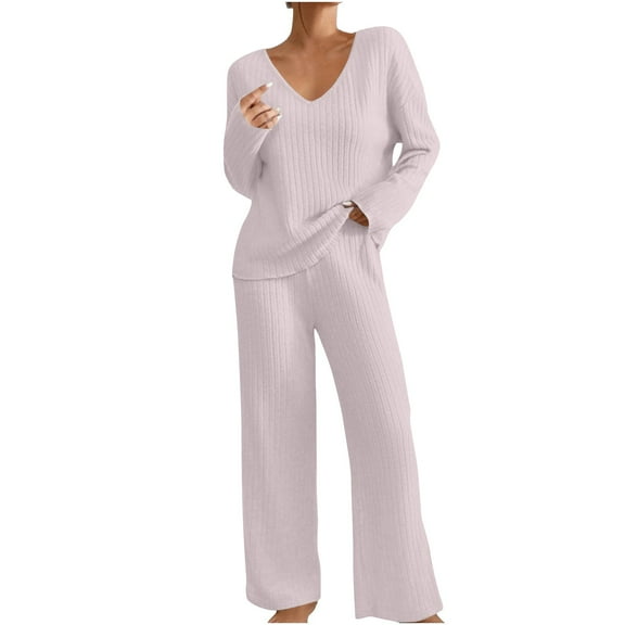Womens 2 Piece Matching Lounge Set Pure Basic Sweatsuits V Neck Tops Longs Sleeve Sweatshirt Knitted Stripe Pullover Sweater Blouses Baggy Stretchy Wide Leg Pants Comfort Casual Sweatpants