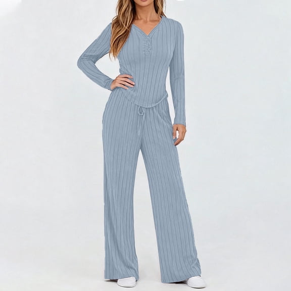 Womens 2 Piece Matching Lounge Sets 2025 Fall Fashion Knit Sweater Airport Travel Vacation Outfits Gym Sweatsuits,Autumn Running Suits for Women,Light Blue S