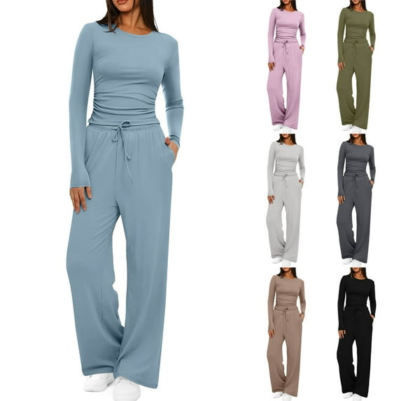Womens 2 Piece Matching Lounge Sets 2026 Fall Fashion Ruching Top Wide Leg Drawstring Pants Outfits Gym Sweatsuits Pink XL